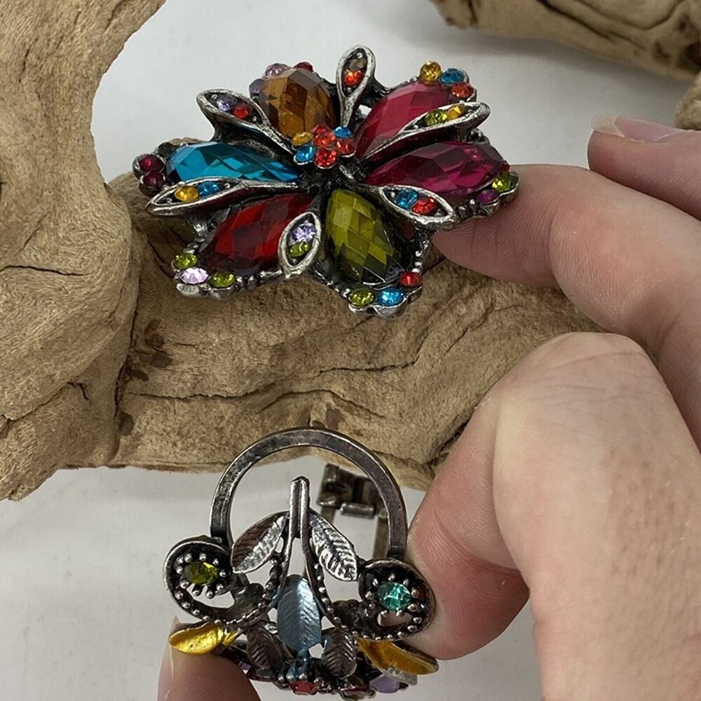 Silver And Rhinestone Floral Bangle. Hinged. Multicolored. Butterfly. Big. - Picture 5 of 7